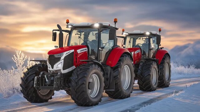 Vivid red Massey Ferguson S 7724 tractors stand out against a snowy landscape, highlighting their rugged agricultural prowess.