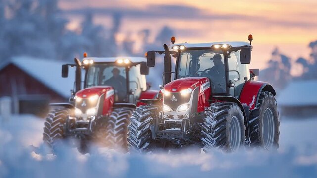 Massey Ferguson S 7724 tractors rest on a snowy lane, their headlights glowing softly, highlighting the serene winter landscape.