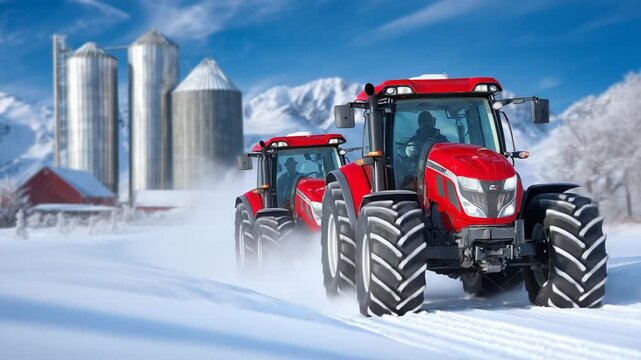 Two red Massey Ferguson S 7724 tractors navigate a snowy farm road, leaving tracks and steam in the crisp air, showcasing their power.
