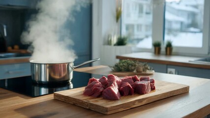 Atmospheric cooking video: fresh meat on a board and steam coming from a pot on the stove. Emphasizes the homey feel.