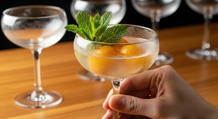Hand holding elegant cocktail glass with oranges and mint on wooden table