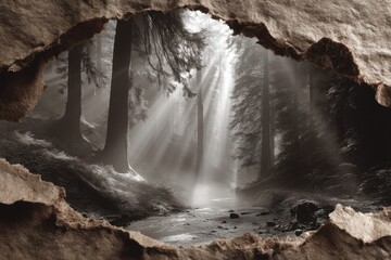 Surreal Forest Landscape with Dramatic Light Rays Viewed Through a Torn Rough Opening: Mystical Nature Scene for Fantasy, Storytelling, and Spiritual Themes