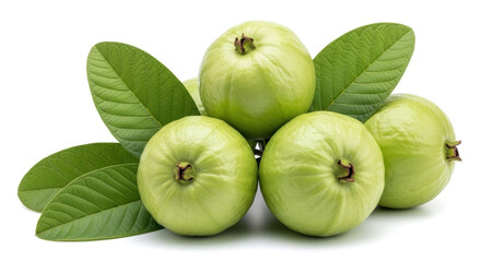 Fresh green guavas and leaves arranged on white background showcasing natural and healthy fruits