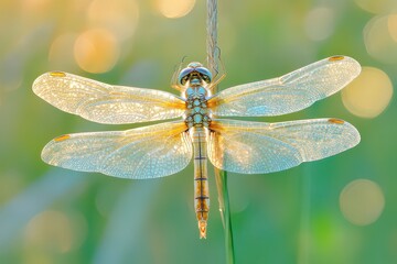 Dragonfly is perched on a green grassy stem
