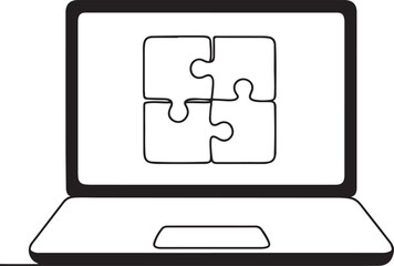 Laptop Computer with Puzzle Pieces Line Drawing Business Solution Concept