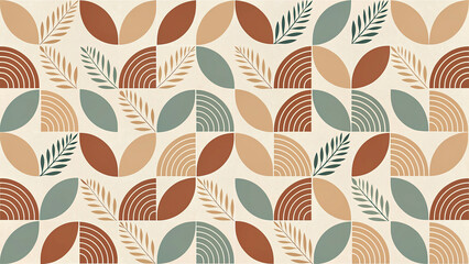 Abstract mid century modern pattern with organic shapes and botanical elements