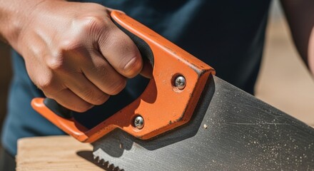 Close-up of hand holding a handsaw with orange handle for woodworking