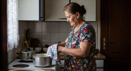 Mature caucasian female cooking in kitchen with floral dress
