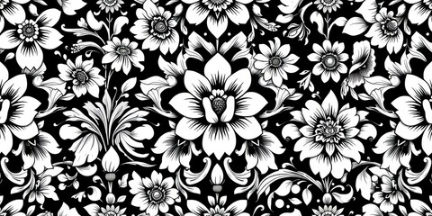 Fototapeta premium Intricate black & white floral wallpaper tile, elegant seamless pattern , sophisticated, print