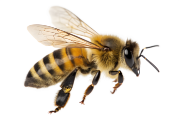 Honeybee in flight captured in a detailed studio photograph, showcasing its delicate wings and striped body against a clean white background