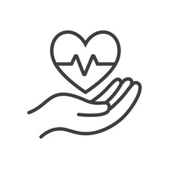Hand holding a heart with heartbeat line icon symbolizing health care, wellness, and medical support. Perfect for healthcare projects.