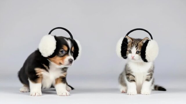 Adorable puppy and kitten wearing warm ear muff in a winter scene. Cute pets in cold weather concept footage. Winter outfits for animals.