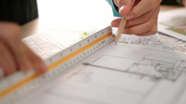 A video of architect use scale ruler and pencil to measure blueprint. Architect designing house construction on a table at studio, with architectural plan scattered around. Focus on hand. Delineation.