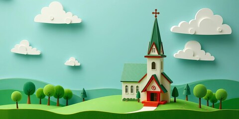 Fototapeta premium Charming paper cut church, green landscape, whimsical trees, fluffy clouds, serene scene, illustration, whimsical