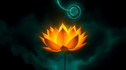 A vibrant lotus flower glows with spiritual energy, surrounded by swirling light and smoke, creating a magical and tranquil scene perfect for meditation and relaxation