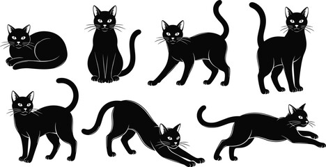 Black cats vector, feline poses illustration, sleek silhouette animals, walking stretching crouching cats, minimalist pet artwork, white background, expressive cat movement