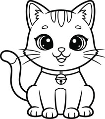 Cute cartoon kitten, black and white line drawing, adorable pet illustration, vector animal clipart, smiling cat with collar, children coloring page