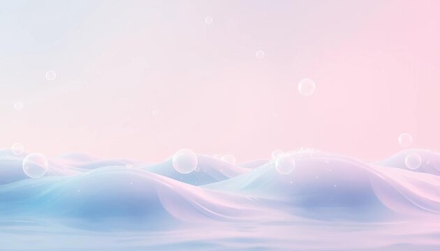 Pastel pink and blue translucent bubbles float above soft rolling waves, creating a dreamy, ethereal scene,  underwater,  ocean