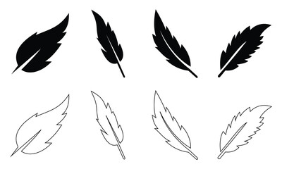 Feather icon set. Feather illustration fill and stroke symbol website graphic design. Different bird wings simple vector design on white background. Flat style line icon web symbol set.