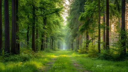 Obraz premium A sunlit forest path winds through a dense, verdant wood, bathed in soft morning light.
