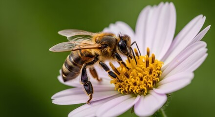 Honeybee on daisy flower gathering nectar in garden, macro shot