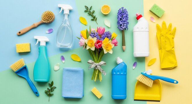 Colorful cleaning supplies arranged with a vibrant floral bouquet creating a fresh theme