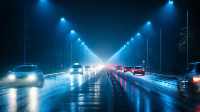Rainy night highway with car headlights and streetlights creating a bl