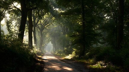 Obraz premium A sunlit path meanders through a dense woodland, bathed in soft morning light.