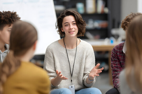 Close-up of a therapist gesticulating while talking o a group of listing teenaers during an educational elf-acceptance and motivaton meeting.