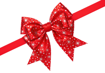Bright red gift ribbon and bow with star pattern. Isolated visual for celebrations and New Year's projects. Isolated on transparent background, PNG.