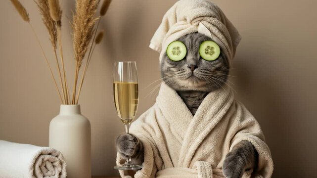 Cat in a bathrobe and towel with cucumber slices on eyes holding a cha