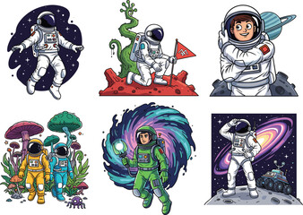 Obraz premium Cartoon Astronaut Vector Set Featuring Space Missions, Alien Landscapes, Flags, Galaxies, Cosmic Adventures, Colorful Suits, and Extraterrestrial Exploration Scenes