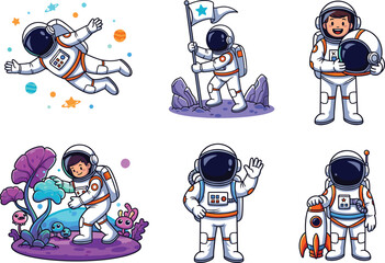Cartoon Astronaut Vector Set Featuring Spacewalks, Alien Creatures, Flags, Rockets, Smiling Poses, Cosmic Backgrounds, Exploration Scenes, and Planetary Missions