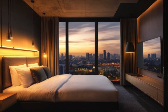 Bedroom with a large window overlooking a city skyline