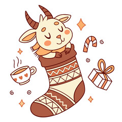 Delightful Dreamy Goat in a Christmas scene with snuggled in a sock – Warm Cozy vector illustration