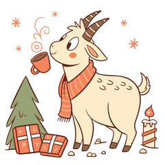 Delightful Curious Goat in a Christmas scene with with a tiny crown – Warm Cozy vector illustration