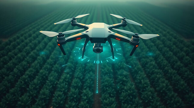 An advanced drone hovers above a lush agricultural field, embodying the future of smart farming and precision agriculture through innovative technology and aerial monitoring solutions