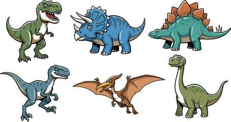 Cartoon dinosaur vector set featuring colorful prehistoric species for kids education, fun animal characters, isolated illustration, Jurassic theme design © SHAHARIAR