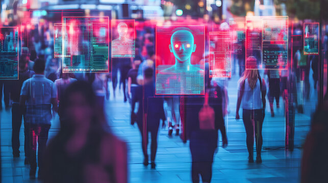 Crowd of people walking with face detection and data overlays in a futuristic city setting at night