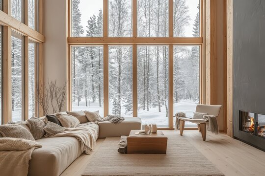 Fototapeta Cozy living room with a fireplace