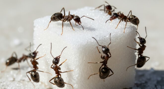 Ants crawling on a sugar cube, macro closeup outdoors.