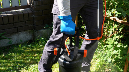 Treatment of plants with insecticides. A man is engaged in the treatment of garden plantings....