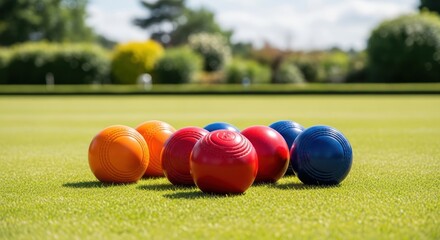 Lawn bowls on green grass outside on a sunny day for recreation