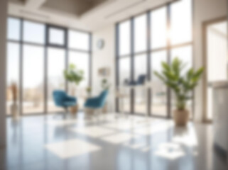 Defocused medical center, clinic, office interior. Light-filled workspace abstract blur effect. Perfect for Zoom backgrounds, websites, blog headers, or digital ads. Clean and professional design