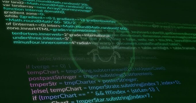 Interface opening on dark green UI JS code scrolling bug icon pulsing circuit framing security scan