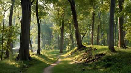 Fototapeta premium A sun-dappled woodland path winds through a verdant forest, bathed in soft morning light.