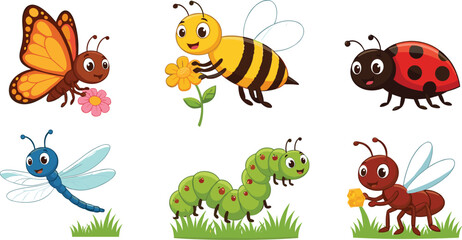 Cartoon Insects with Smiling Faces Holding Flowers, Cute Bug Characters for Kids, Educational Vector Illustration Promoting Nature and Outdoor Learning