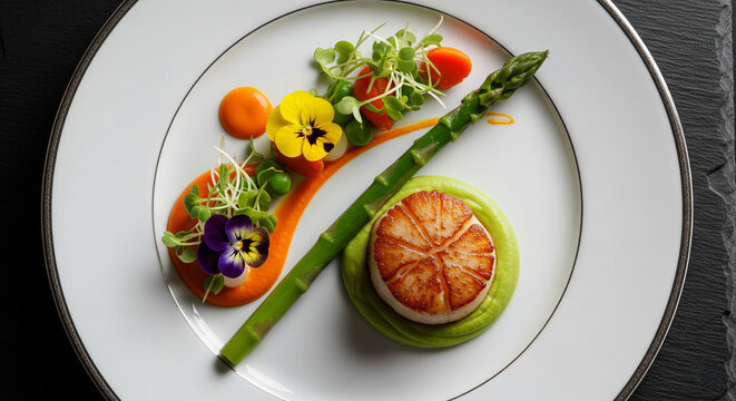 Plat gastronomique moderne : coquille Saint-Jacques et asperge