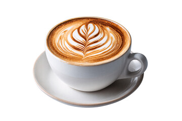Coffee cup with latte art on white background. Ai generate.
