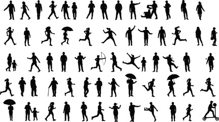 Fototapeta premium Silhouettes of diverse people walking running jumping holding umbrella and interacting vector set